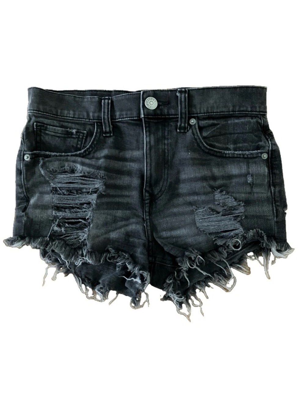 Express Womens Distressed Black Denim Cut Off Shorts 10” Rise 5-Pocket Stretch 4